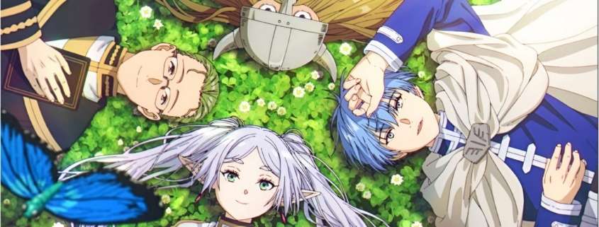 Frieren's adventuring party relaxing in a field.